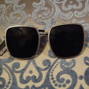 Square Oversized Sunglasses with Black Lenses and Gold Trim